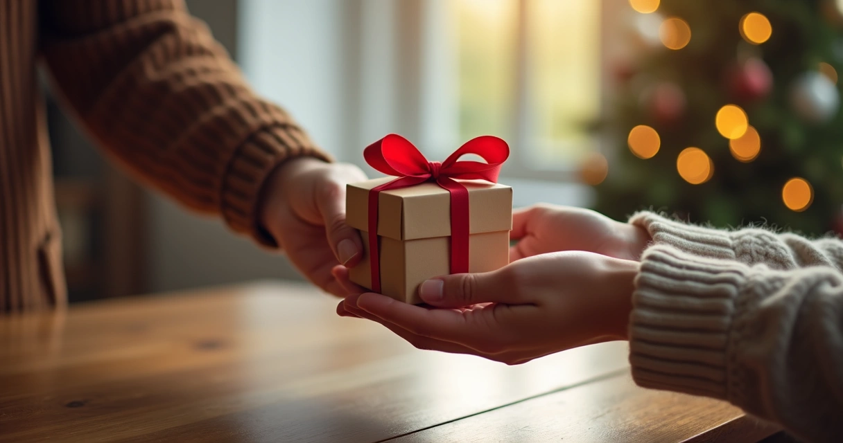 Mãos oferecendo uma caixa de presente com um laço vermelho 