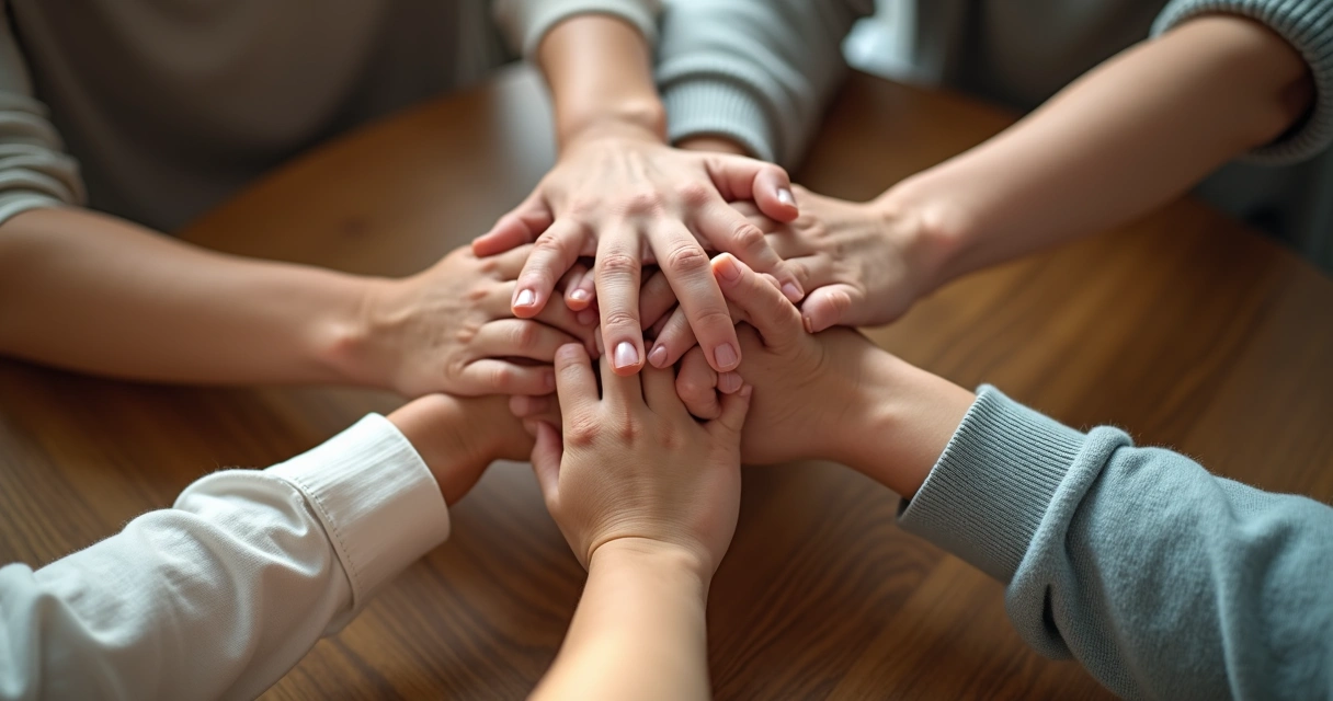 Várias mãos de família apoiadas uma sobre a outra