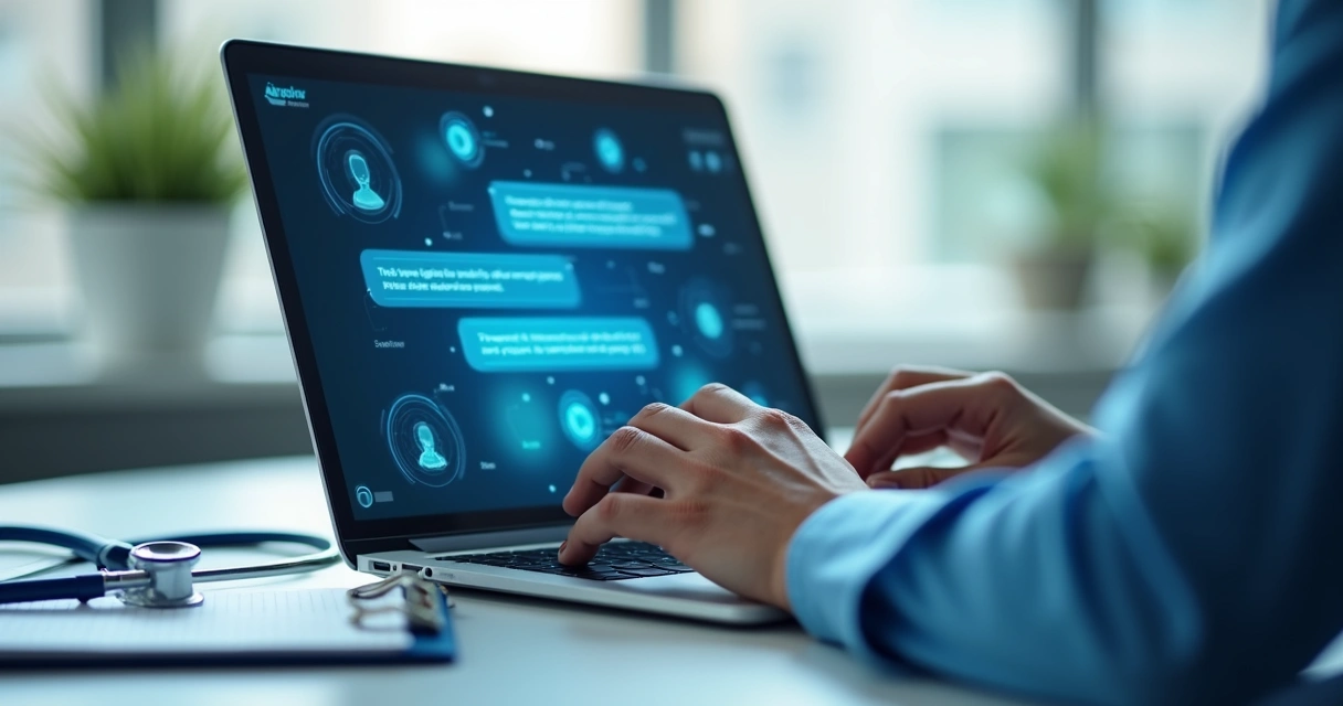 Mãos digitando em teclado com chatbot digital na tela 