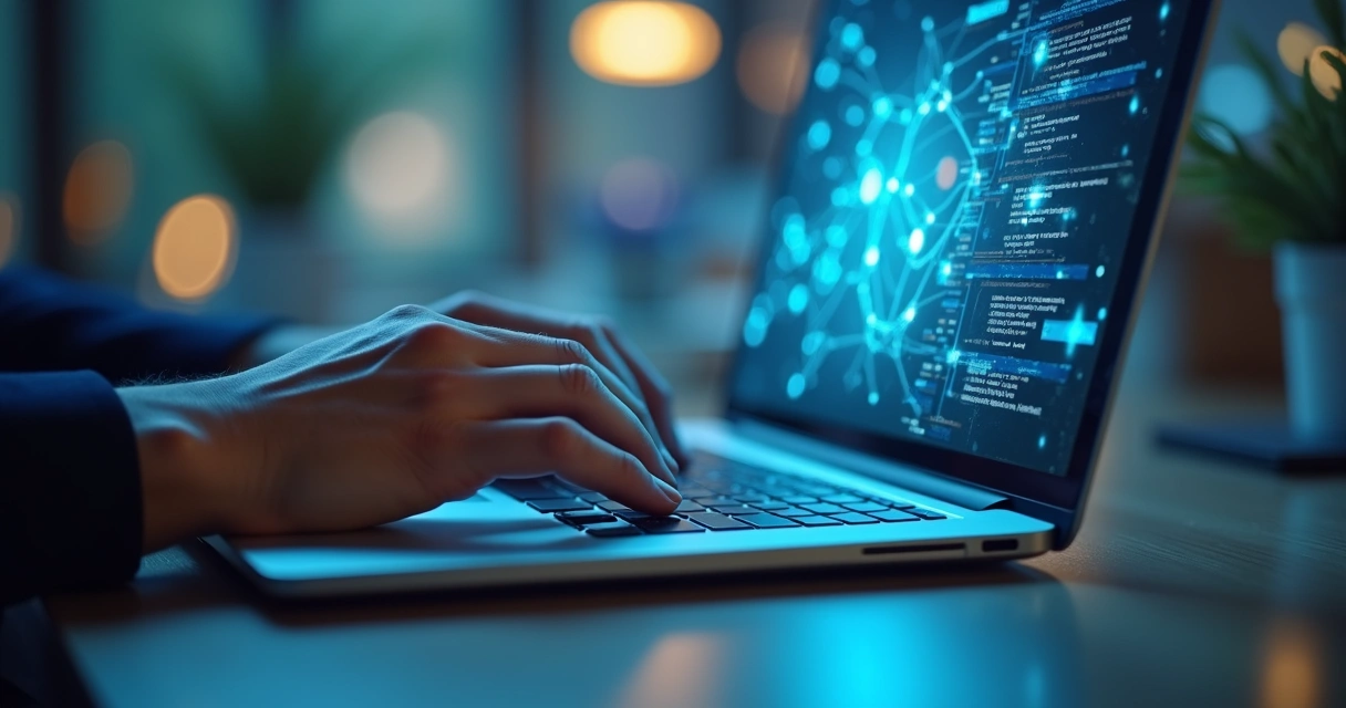 Mãos digitando em laptop com elementos digitais flutuando na tela. 