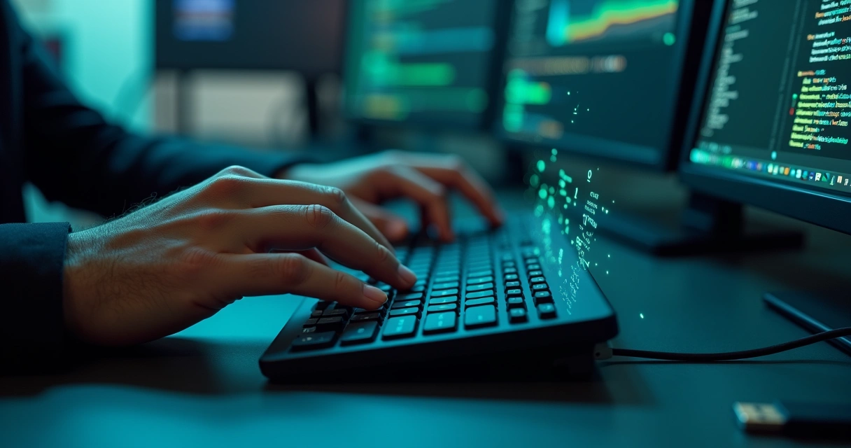 Mãos digitando teclado com teclas transparentes revelando código abaixo 