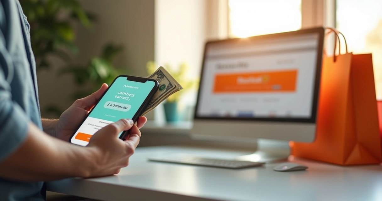 Pessoa segurando dinheiro e celular com tela mostrando valor de cashback acumulado 