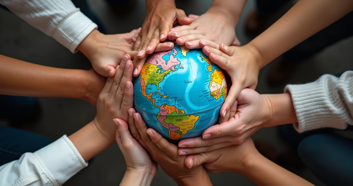 Mãos de diferentes pessoas unidas em torno de um globo terrestre visto de cima 