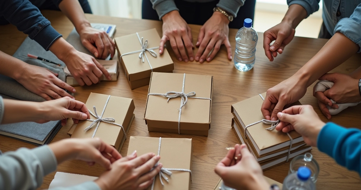 Mãos organizando doações em mesa com alimentos e cadernos 
