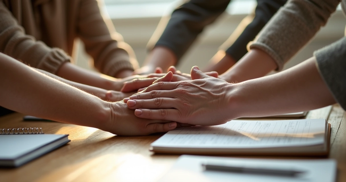 Mãos unidas em gesto de apoio coletivo