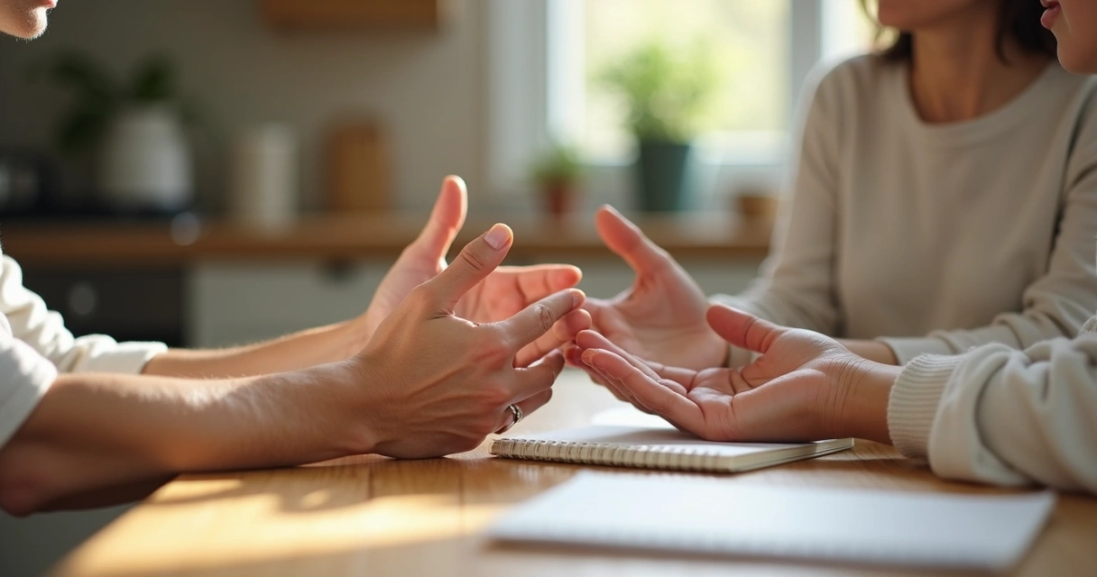 Mãos sobre a mesa em conversa respeitosa