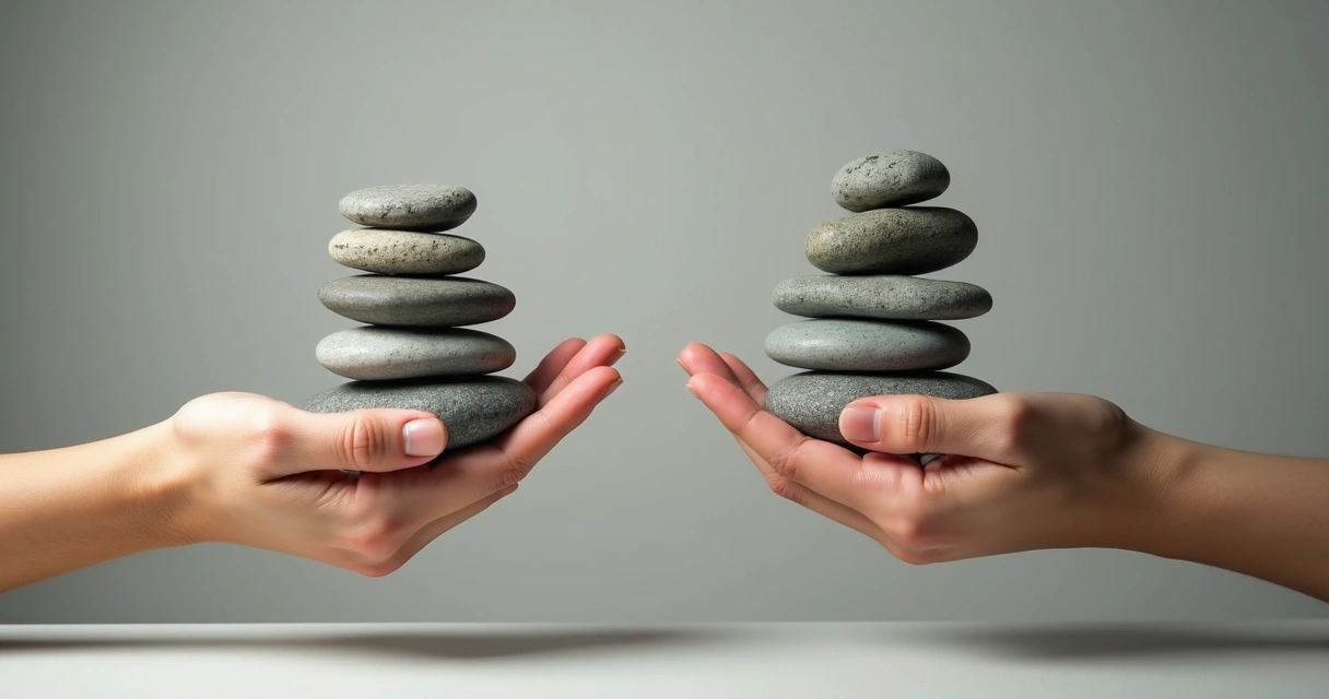Duas mãos equilibrando pedras, simbolizando escolha entre culpa e responsabilidade 