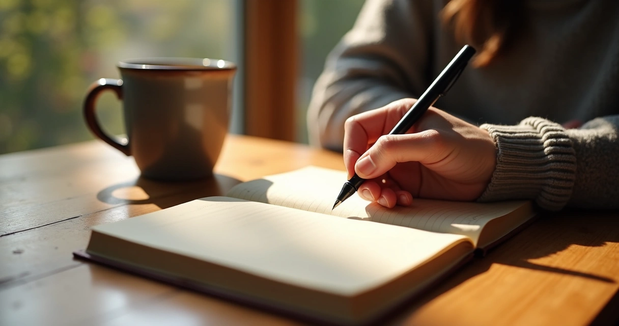 Pessoa escrevendo em diário da gratidão em mesa de madeira, com caneca ao lado