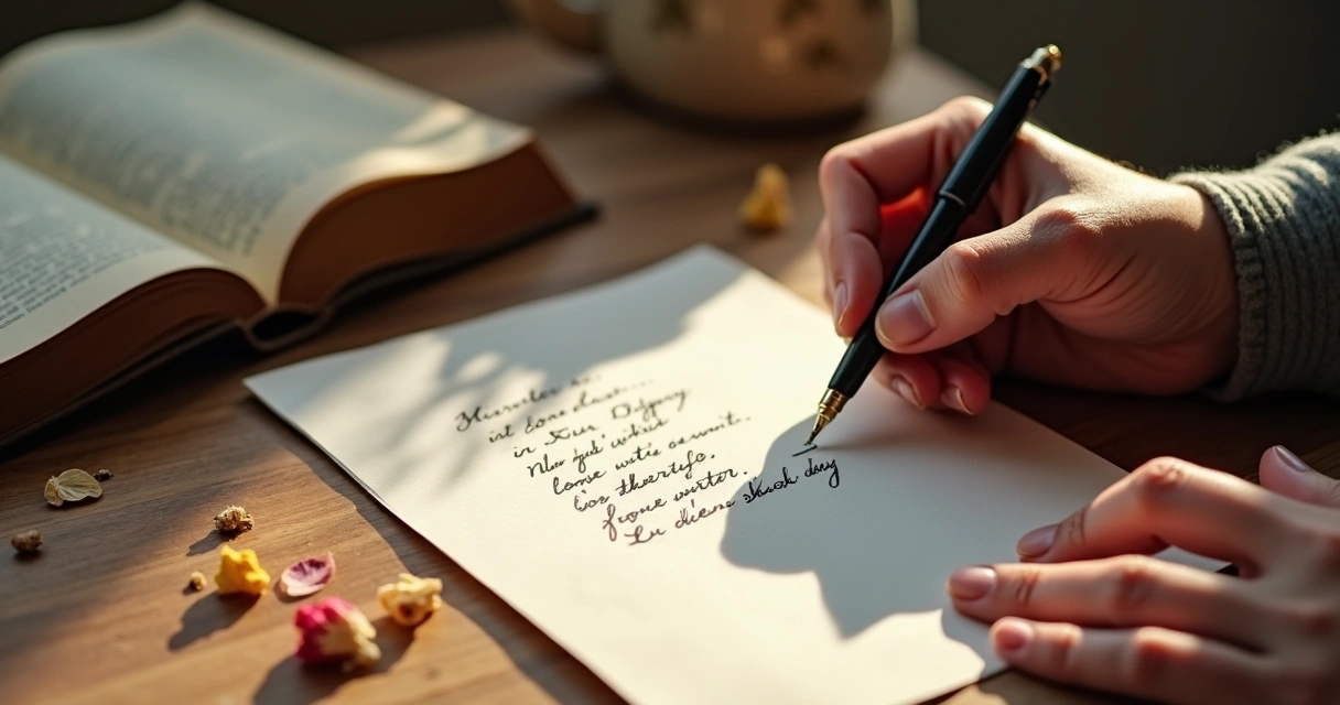 Mãos escrevendo poema com tinta preta em papel branco sobre mesa de madeira 
