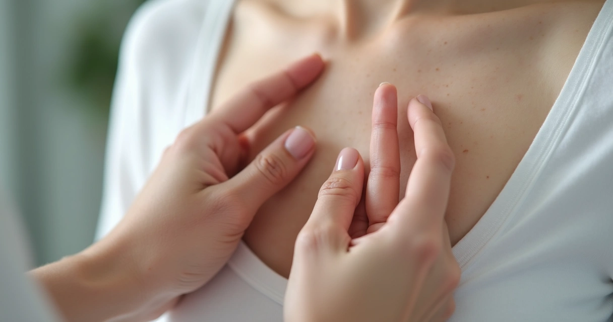 Mãos realizando autoexame em mama feminina 