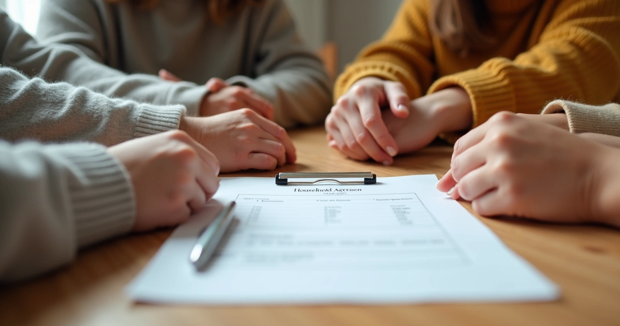 Mãos de familiares sobre a mesa em gesto de acordo