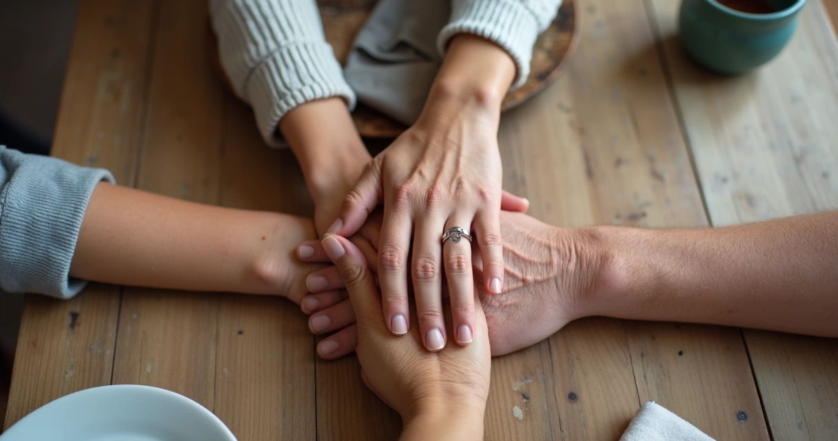 Mãos de familiares unidas em gesto de apoio mútuo