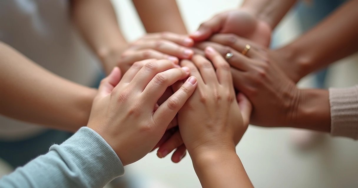 Mãos de diferentes gerações de uma família interligadas, formando uma corrente 