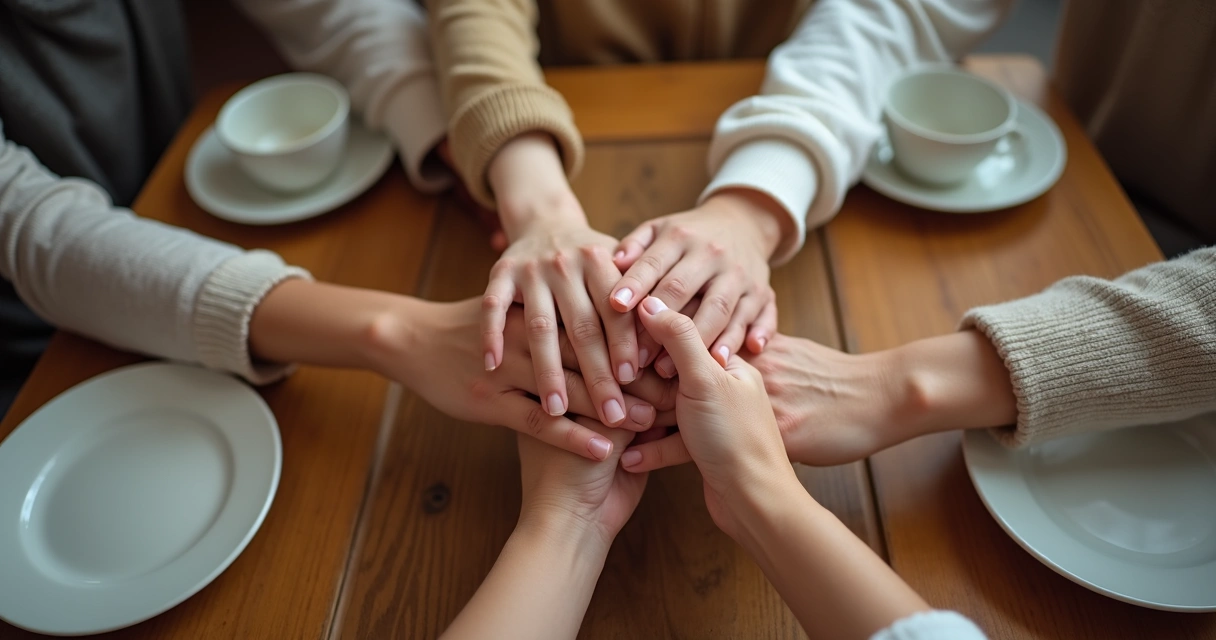 Maos de familiares unidas sobre a mesa