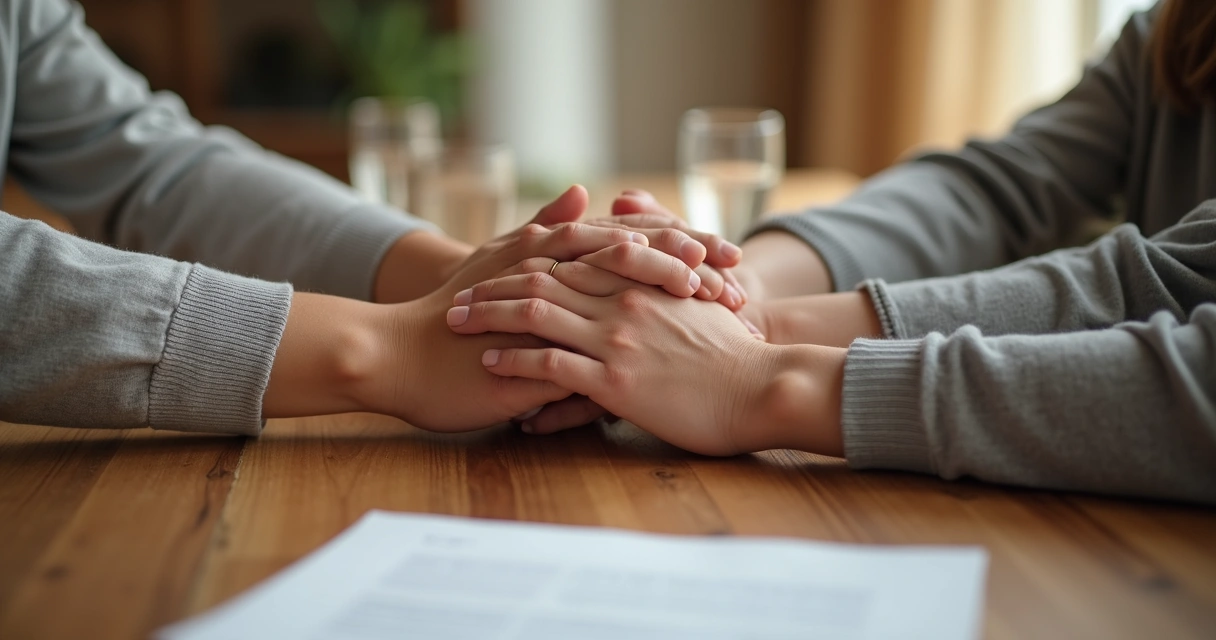 Mãos de familiares unidas sobre a mesa