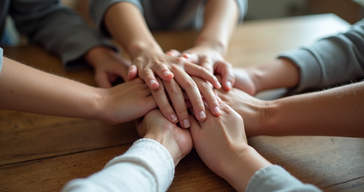 Membros de uma família unindo as mãos sobre uma mesa 