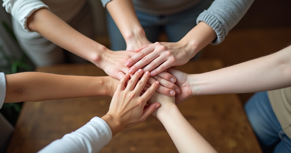 Mãos de uma família unidas ao centro