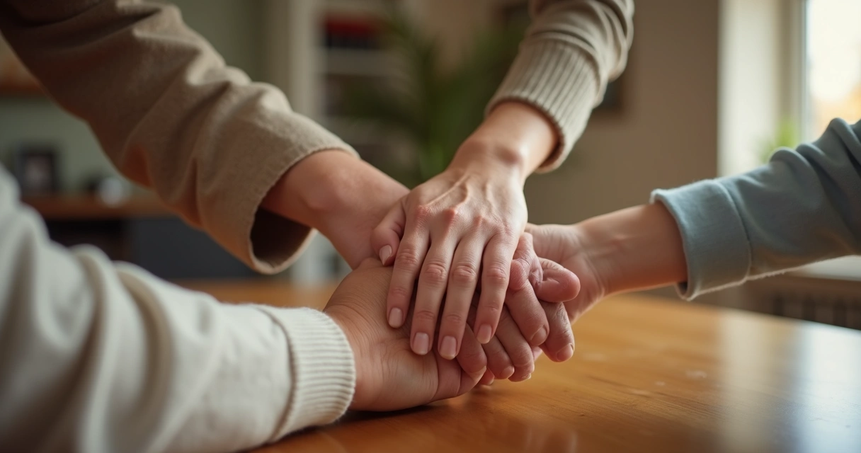 Mãos de familiares sobre a mesa em gesto de reconciliação