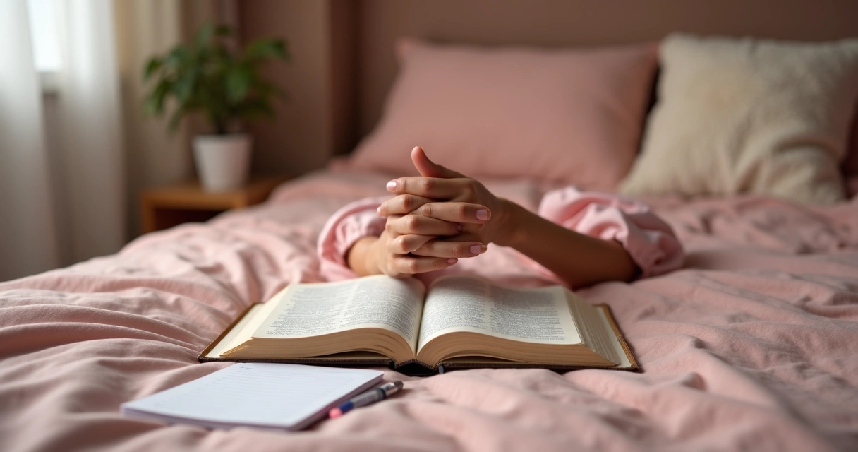 Mãos unidas em oração sobre uma Bíblia em um quarto com detalhes rosa 