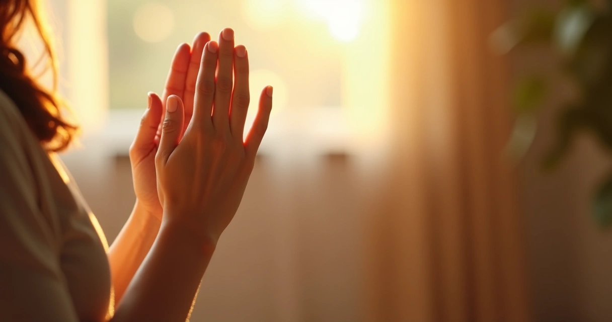 Mãos femininas em oração ao sol 