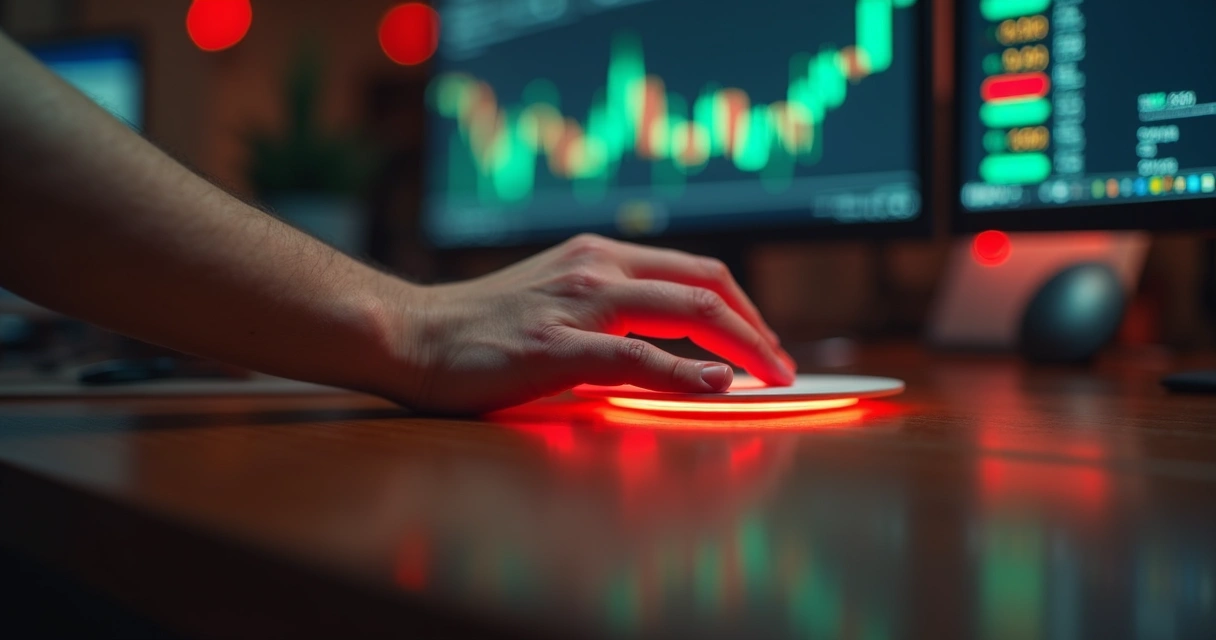 Pessoa afastando rapidamente a mão de uma superfície quente, com gráficos e cotações ao fundo 
