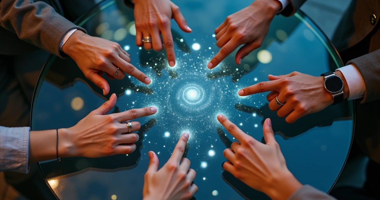 Mãos diversas interligadas formando rede iluminada sobre mapa urbano visto de cima 