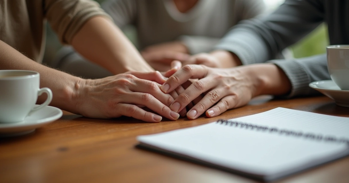 Mãos de diferentes gerações unidas sobre uma mesa