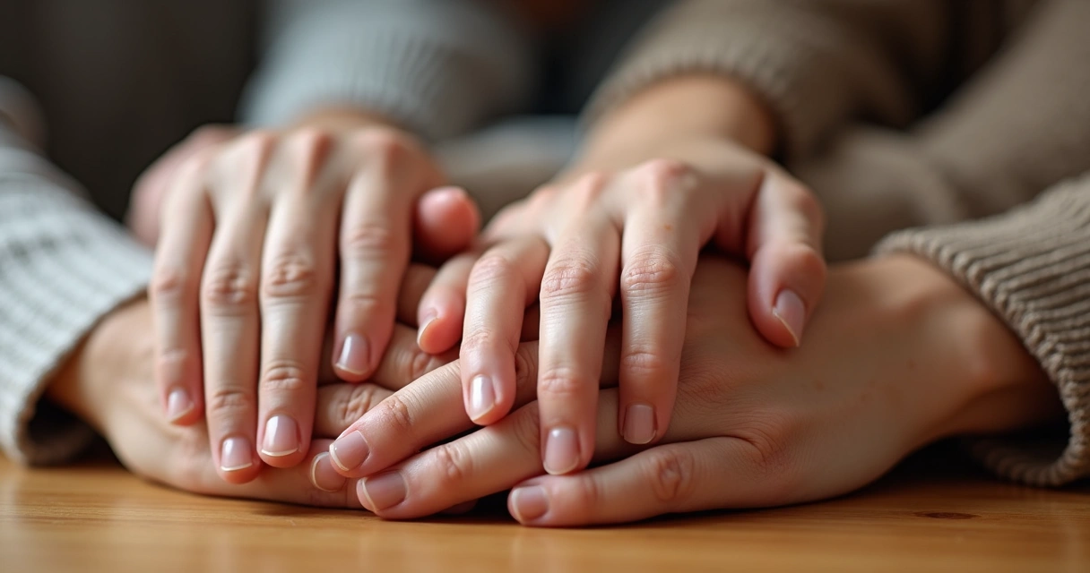 Mãos de membros de várias gerações da família sobrepostas 