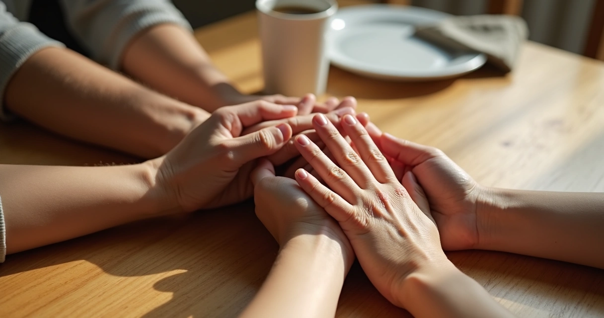 Mãos de diferentes gerações unidas sobre a mesa