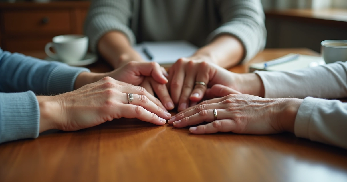 Mãos de gerações diferentes sobre a mesa 