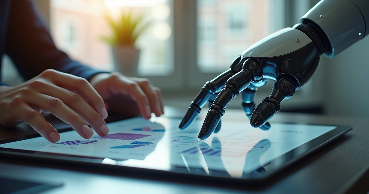 Mãos humanas e mãos robóticas interagindo sobre tela de gráficos financeiros 