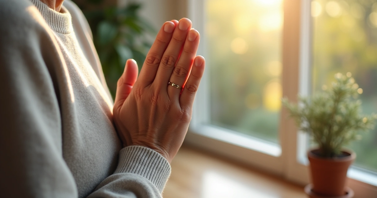 Mãos de pessoa idosa em oração perto da janela 