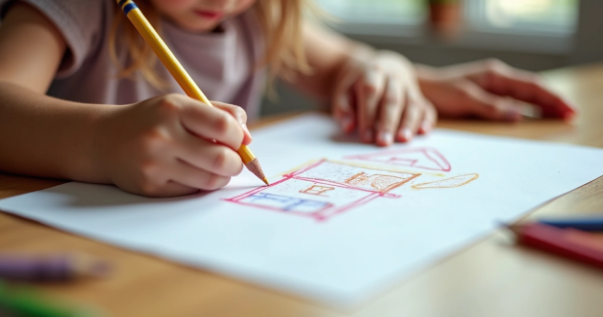 Mãos infantis desenhando com lápis de cor sobre papel