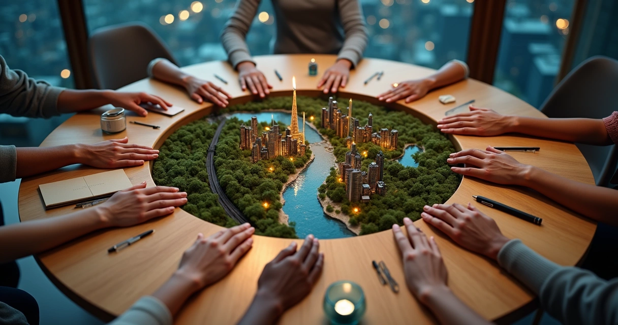 Mãos interligadas formando círculo sobre miniatura de cidade vista de cima 