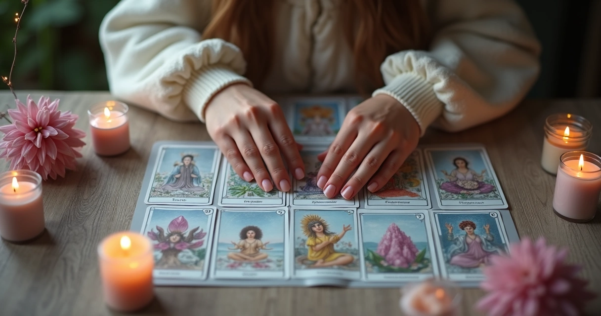 Mãos femininas iniciando uma leitura de tarot, com cartas e cristais. 