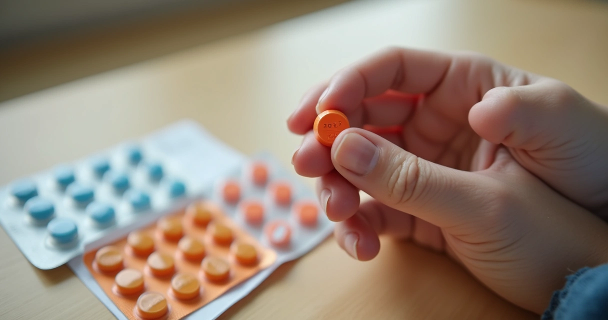 Mãos de adolescente segurando comprimido sobre mesa clara.