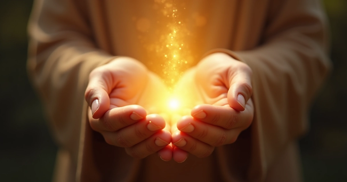 Mãos em posição de oração irradiando luz dourada 