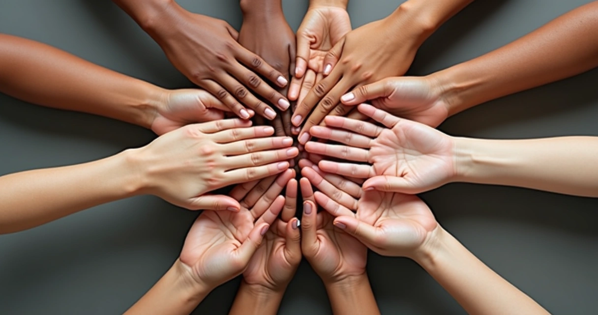 Mãos diversas unidas no centro, simbolizando união e igualdade 