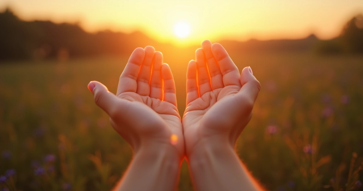 Mãos abertas diante do sol ao amanhecer