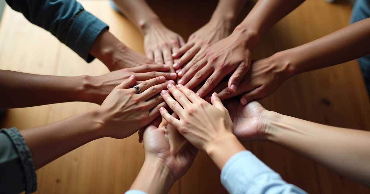 Mãos de várias pessoas unidas no centro.