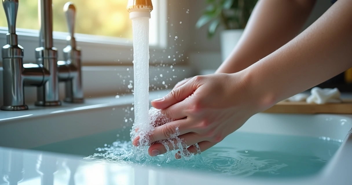 Pessoa lavando louça com atenção aos detalhes 