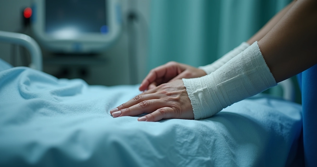 Mãos lesionadas envoltas em ataduras no hospital 