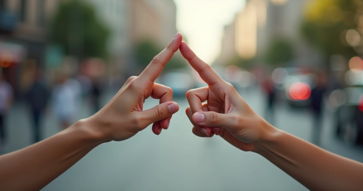 Mãos realizando gesto de meditação ativa com foco em ambiente urbano 