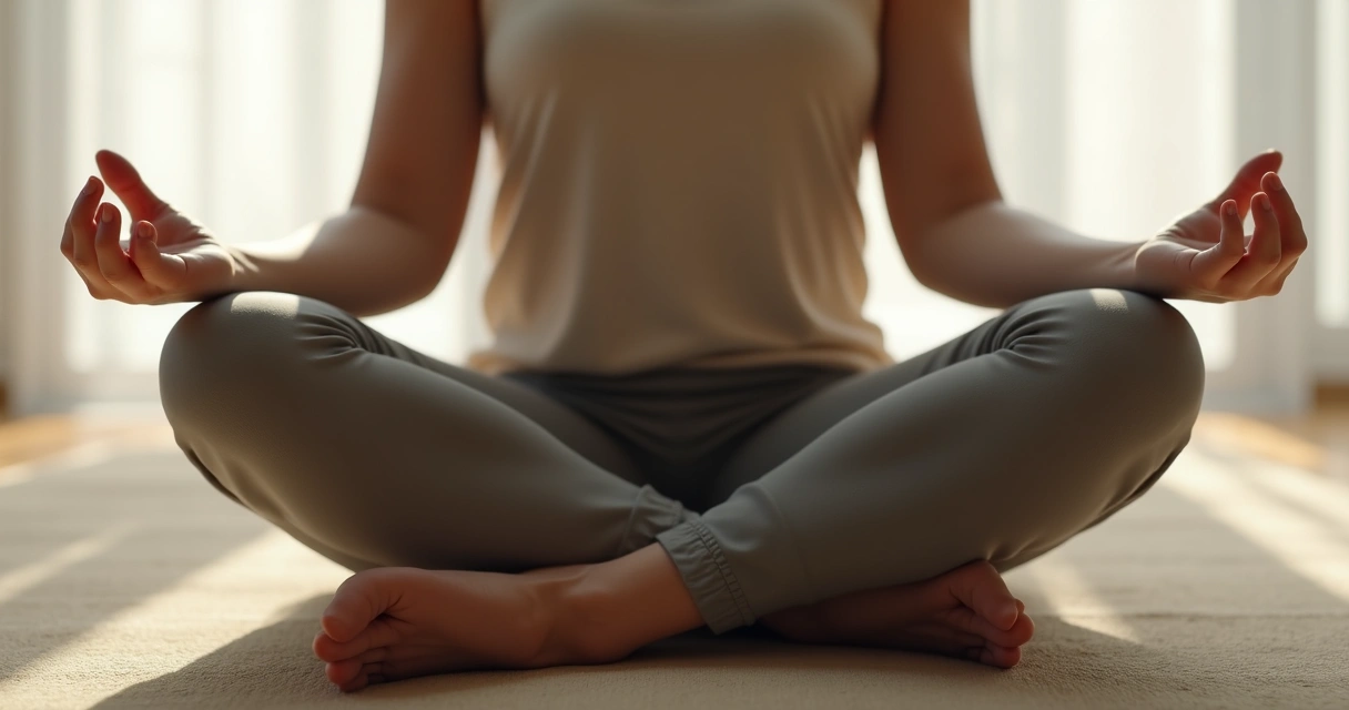 Mãos de pessoa em posição de meditação sobre pernas cruzadas.