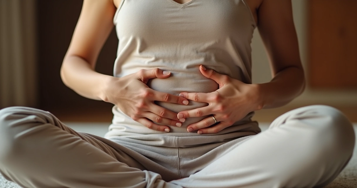 Duas mãos apoiadas no abdômen de uma pessoa sentada 