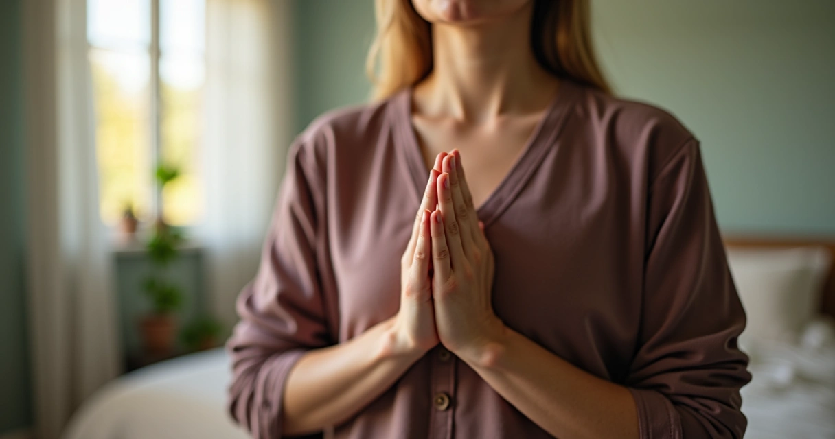 Mãos apoiadas no peito demonstrando respiração profunda 
