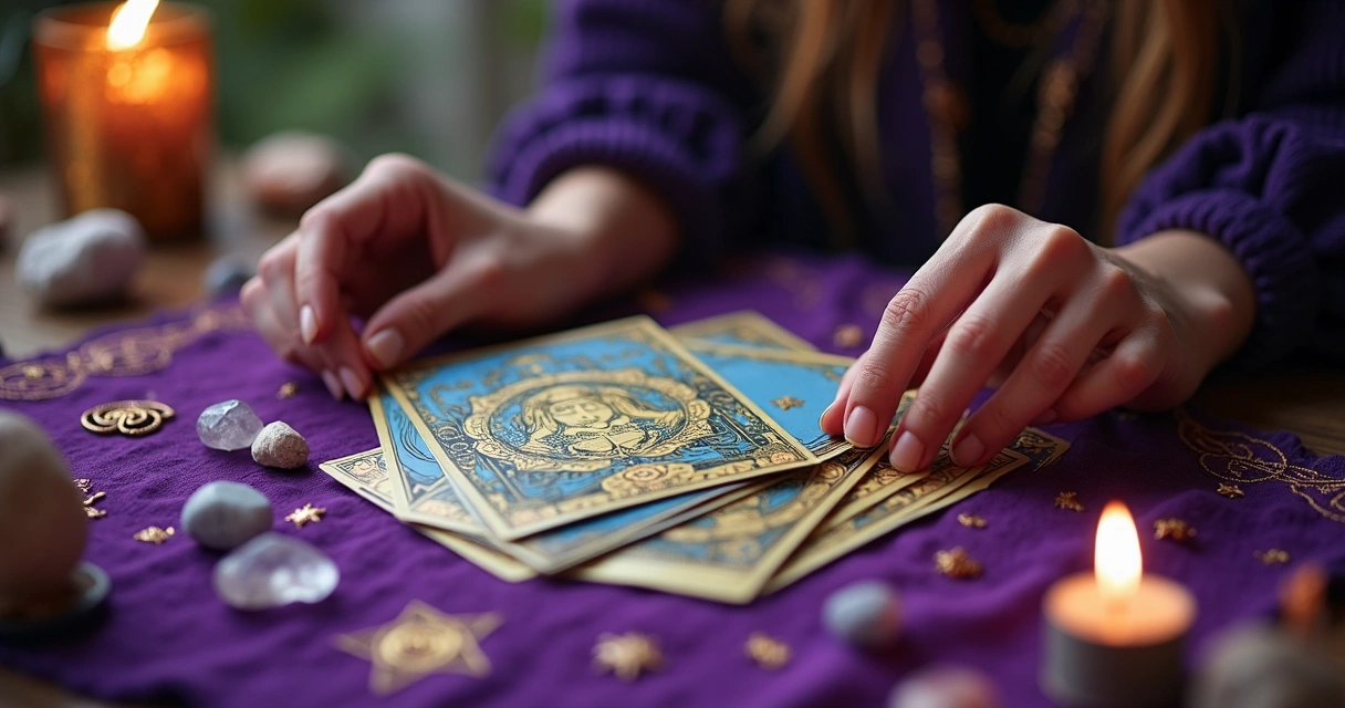 Mãos femininas organizando cartas de tarot em leque sobre toalha mística 