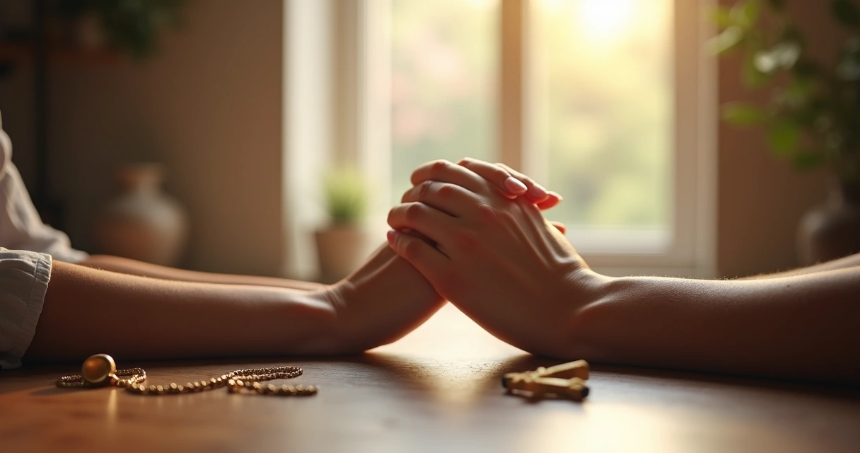 Duas mãos femininas unidas em oração com feixe de luz 