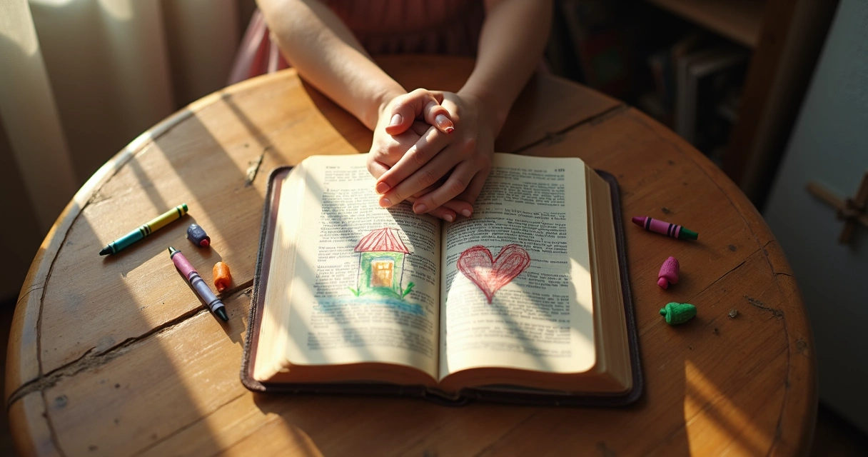 Mãos femininas e mãos infantis dadas sobre Bíblia aberta 