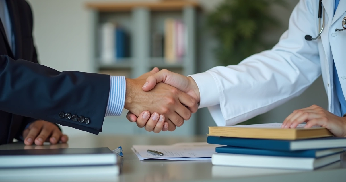 Mãos de paciente e médico fechando acordo sobre tratamento de câncer 